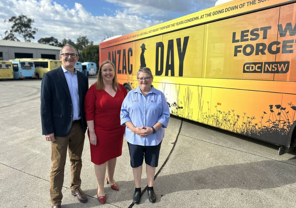 CDC NSW chief executive officer David Mead, NSW Regional Transport and Roads Minister Jenny Aitchison and Thornton bus driver and veteran Rachel Wheatley. Picture by Alanna Tomazin