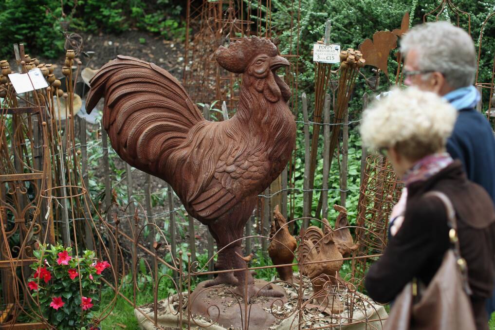 Visitors admire a statue of a cockerel for sale at the RHS Chelsea Flower Show on May 21, 2013 in London, England. Photo by Oli Scarff/Getty Images