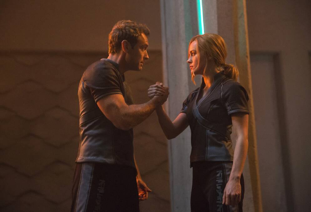 Jude Law and Brie Larson in a scene from Captain Marvel.