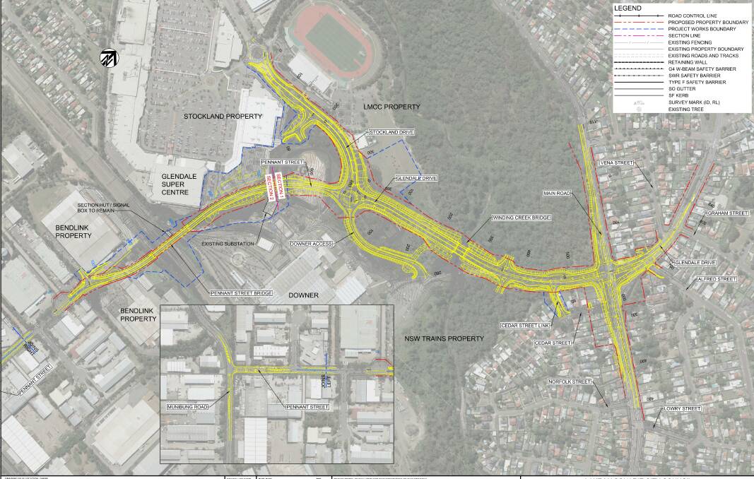 OVERVIEW: Roadworks in yellow for the Lake Macquarie Transport Interchange, with the road over the main northern rail lines and the rail yard sidings on the left hand side of the image. Picture: Lake Macquarie City Council