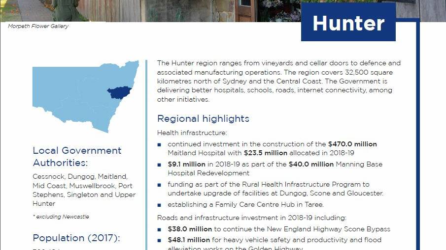 NEWCASTLE NOT HUNTER: Part of the budget presentation that removes Newcastle from the Hunter.