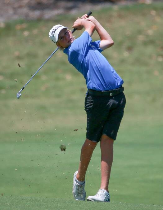 COOL HEAD: Jacob Dundas lets fly with an iron shot during the match play section of the NSW Amateur. Picture: David Tease (Golf NSW)