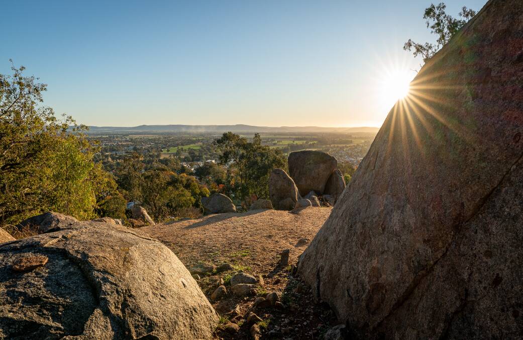 The view across Cowra at sunset from Bellevue Hill.