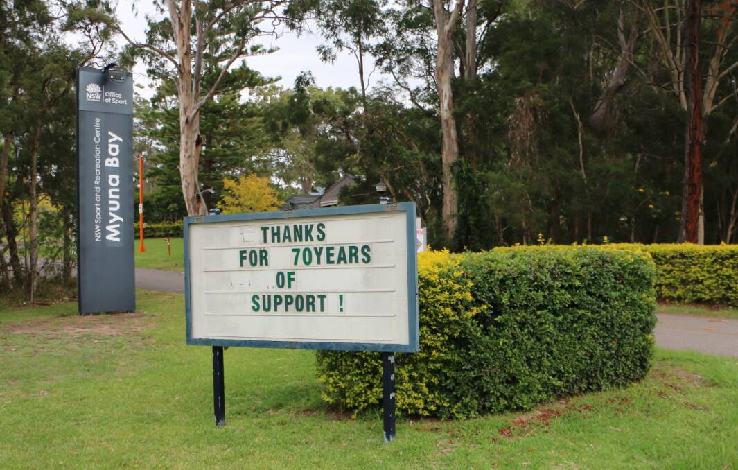 MESSAGE: The sign at the entrance to the Myuna Bay Sport and Recreation Centre this week. Picture: David Stewart