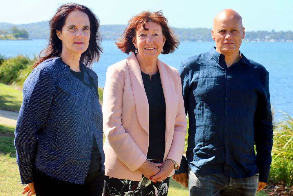 Artists Susan Milne, left, and Greg Stonehouse with Lake Macquarie mayor Kay Fraser on location at Speers Point this week. Picture: Supplied