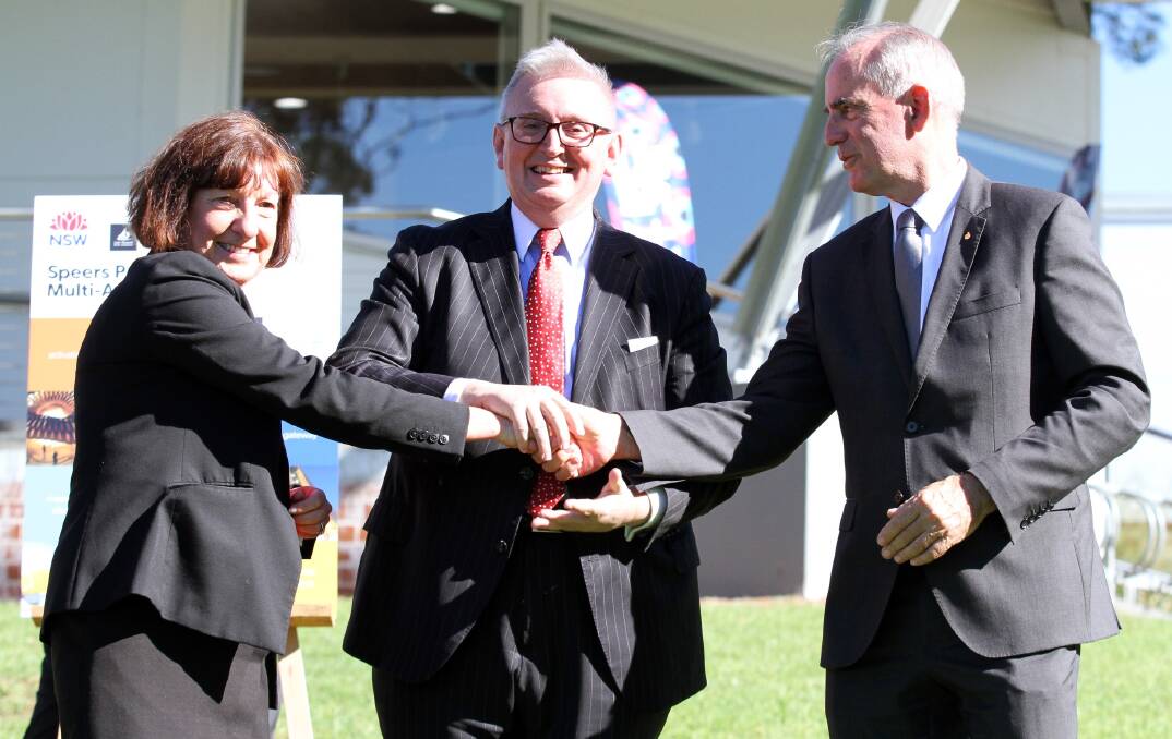 CONGRATULATIONS: Mayor Kay Fraser with Minister for the Arts, Don Harwin, and Lake Macquarie MP Greg Piper. Picture: Supplied