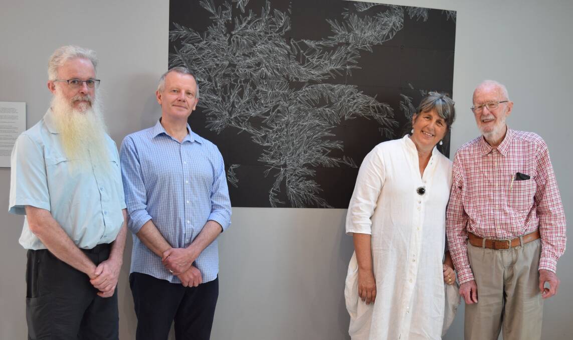 REMEMBERED: From left, Andrew, Peter and John Lewis with the artist Nicola Hensel and her work 'Dark leaves' which the family has donated to the gallery. Picture: David Stewart