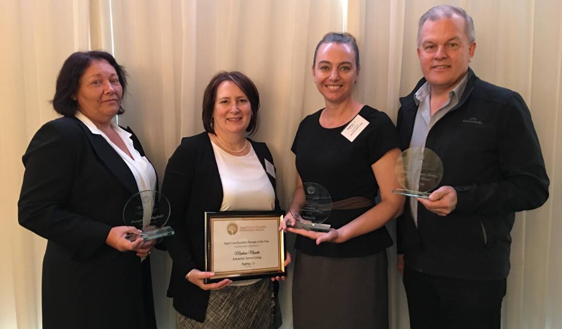 Cooranbong team: Adventist Senior Living staff, from left, Georgie Schofield, Marlene Moodie, Lindl Webster and Bruce Tually with the award haul. Picture: Supplied