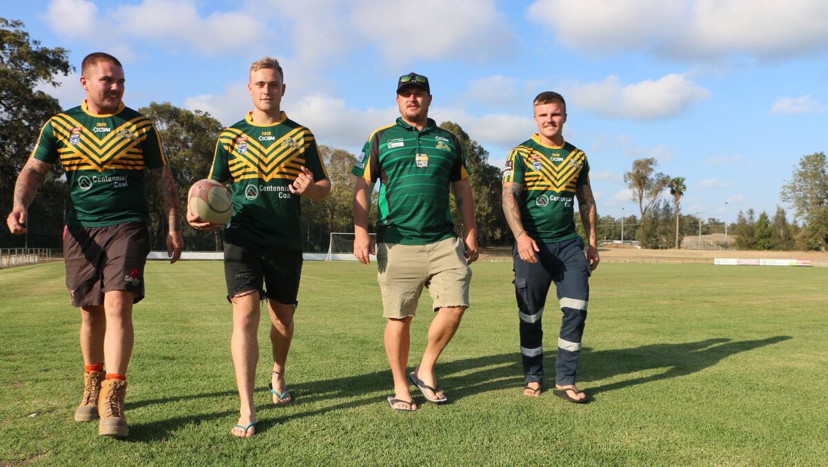 A new-look Macquarie Scorpions team will run out for the Toronto faithful in season 2020. Among the club's new signings already are, from left, Justin Afflick, Matt Moon, coach Steve Kidd, and Jacob Afflick. Picture: David Stewart