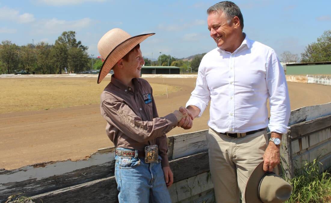 CONGRATULATIONS: Federal MP Joel Fitzgibbon with local grant recipient Kade Attenborough, 13, who represented the Australian Bushmen’s Campdraft and Rodeo Association at the World Junior Bull Riding Finals in the USA in August. Picture: Supplied