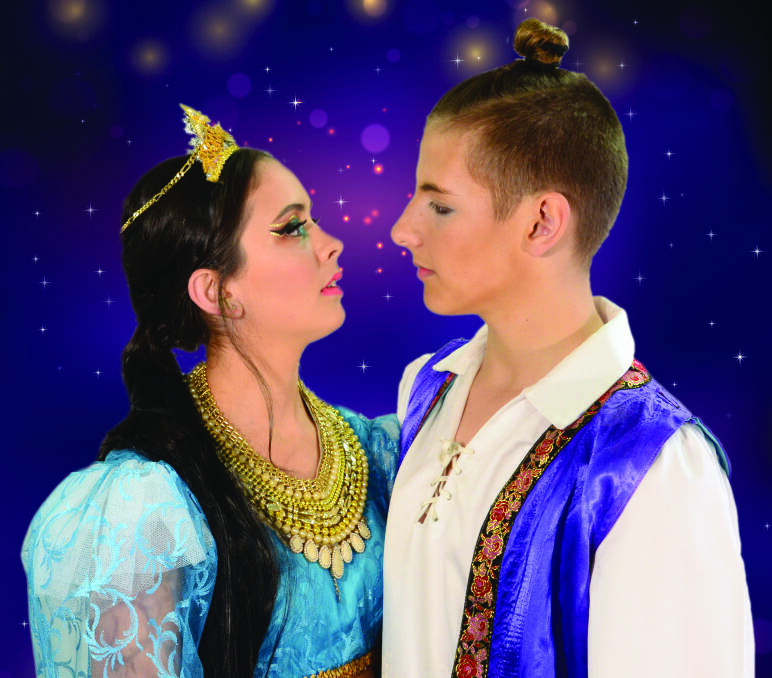 Sean Logan (Aladdin) and Caitlin Stevens (Princess Jasmine) in a scene from 'Aladdin Jnr' which opens at The Grove Theatre, Wyong, this Friday night, July 5. Picture: Shayne Leslie