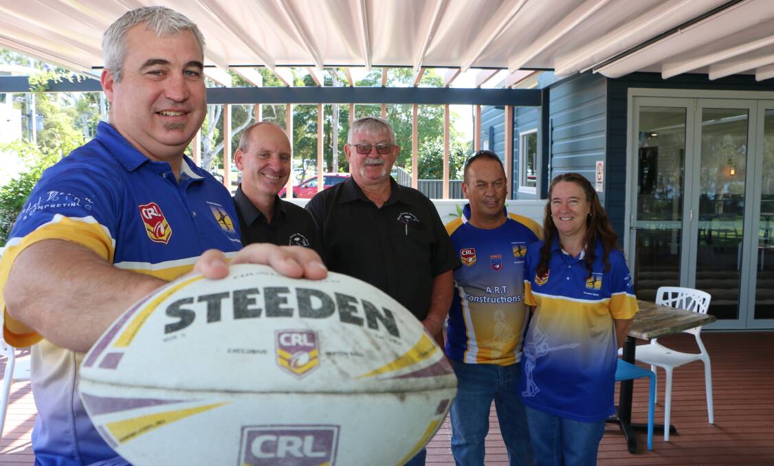 GAME ON: Wangi Warriors president Luke James with, from left, Wangi Workers Club CEO Phil Ticehurst, Wangi Workers Club president Rod Boyson, and the Warriors' vice-president Allen Tierney and treasurer Beth Tierney. Picture: David Stewart