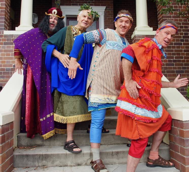 SANDAL SCANDAL: From left, Michael Adamson, Russell Bridge, Brett Perkins and Marc Calwell star in 'A Funny Thing Happened on the Way to the Forum'. Picture: Richard Jeziorny