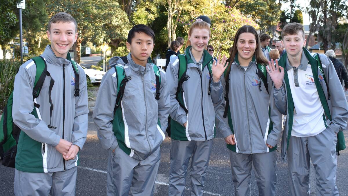 ADVENTURE: The Lake Macquarie contingent will compete against young athletes from all over the world at the International Children's Games in Jerusalem, starting on Sunday. Pictured are, from left, Bryce Webber (Athletics), Dillon Siv (Swimming), Emily Dobbins (Swimming), Skye Southam (Swimming) and Caleb Baker (Swimming). Picture: Supplied