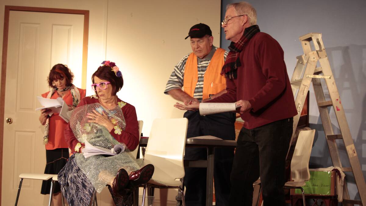 OPENING NIGHT: The comedy ‘Last Tango in Little Grimley’ is set in an old hall with the remnants of past productions scattered around. From left, Caryn Upton, Madylyn Elliott, Bob Porter, and Wes Galvin. Picture: Supplied
