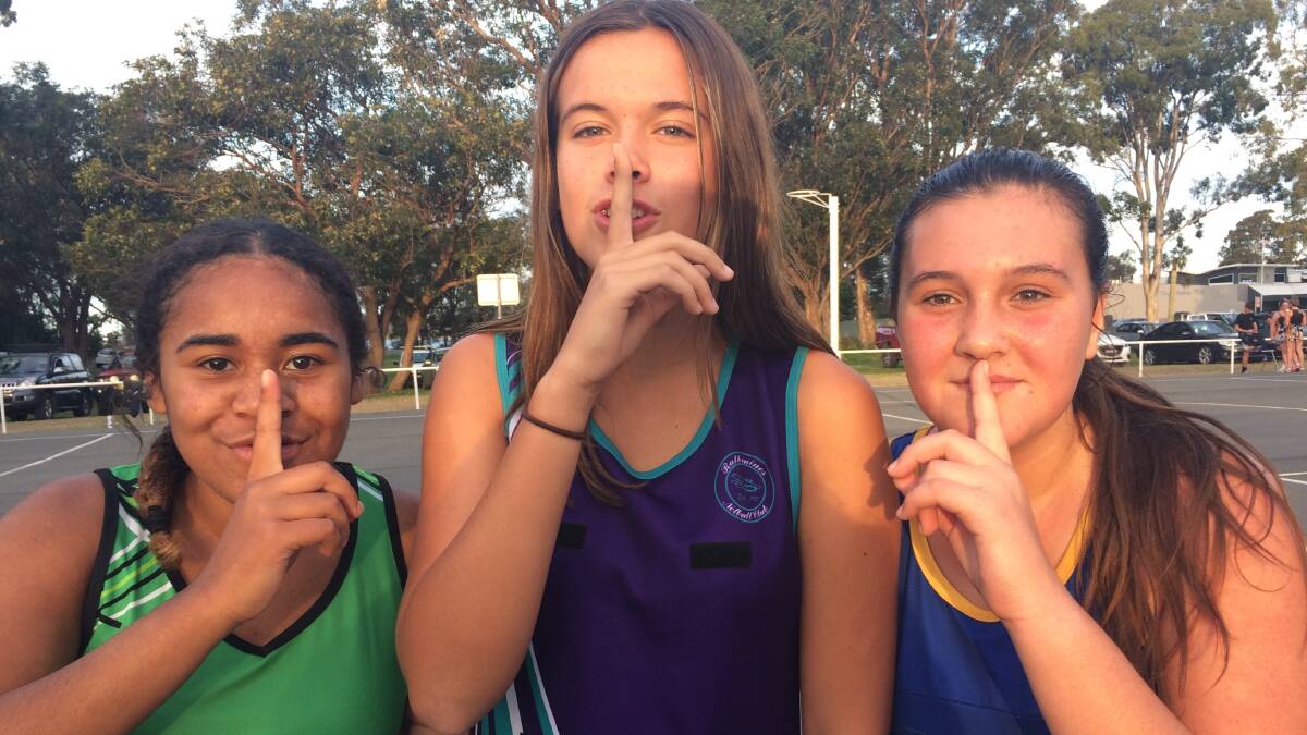 Westlakes District Netball Association players, from left, Olivia Hebei, Ella Geach and Bree Carrall help deliver the 'Shoosh for Kids Week' message during the winter netball season. The summer version of the campaign is from October 23 to 29. Picture: Supplied
