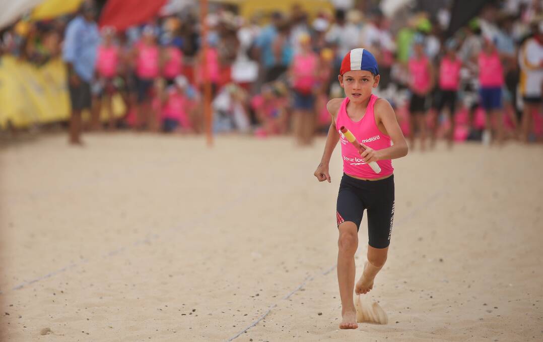 Cooks Hill Surf Life Saving Club's Tayn Cotterell, 10, in action at the 2019 championship. Picture: Marina Neil