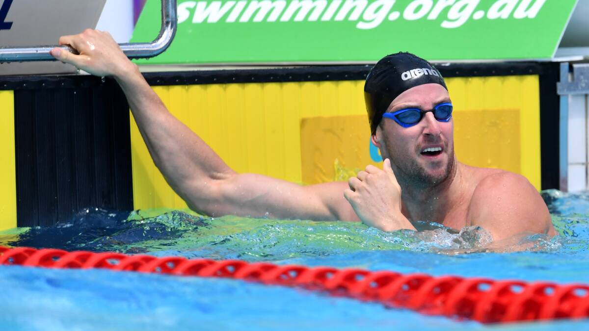 MISSILE: James Magnussen checks his time in the heats of the men's 50 metre freestyle at the 2018 Australian swimming trials, at Southport, in March. Picture: AAP/Darren England