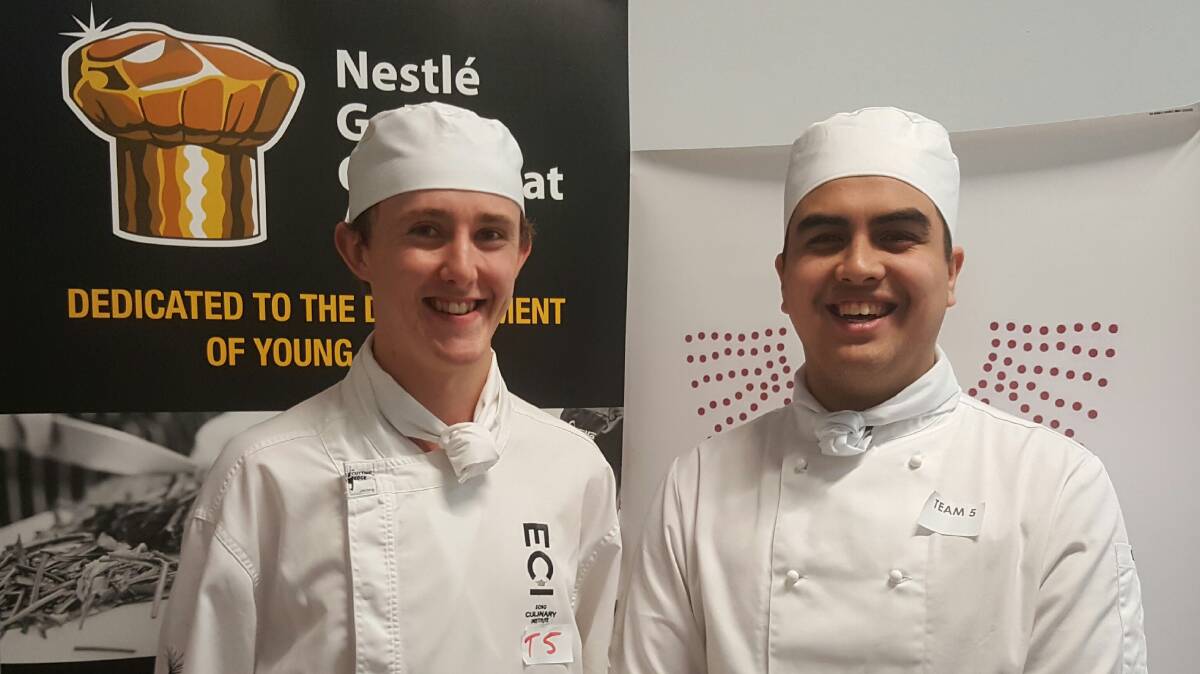 RISING STAR: Tahi Ngaronoa, 20, of Wangi Wangi, right, and his teammate Damien Atkins were awarded the silver medal in the NSW final of the 2017 Nestlé Golden Chef's Hat Awards. Picture: Supplied