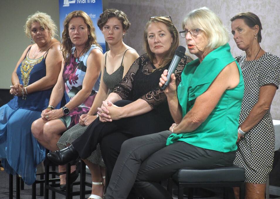 The all-women panel of sailors, from left, Rebecca Connor, Peta Norris, Courtney Smith, Jacqueline Ellis and Jan Howard flanked by interviewer Helene ONeil. Picture: Greg Dickens of Photo Sydney 