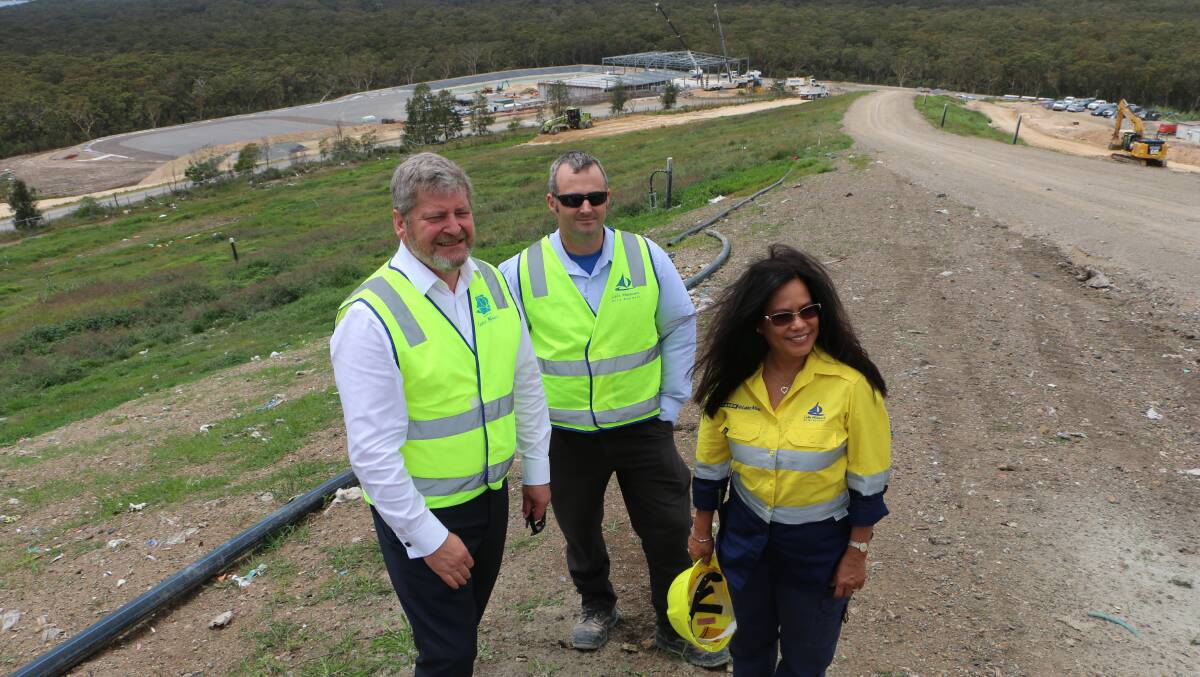 OVERVIEW: Council's city strategy director Tony Farrell, project engineer Ross Lorenz, and senior project manager Tess Dziwulski among the new works at Awaba Waste Management Facility. Picture: David Stewart