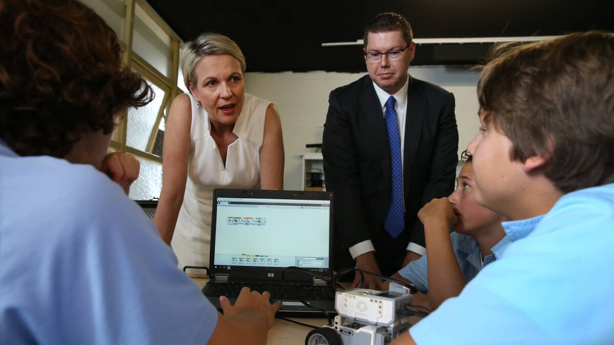 Member for Shortland Pat Conroy with Deputy Leader of the Opposition, Tanya Plibersek, at a school in his electorate. Picture: Marina Neil