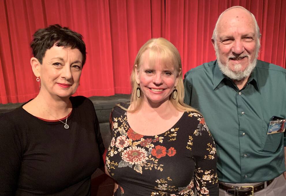 FULL HOUSE: From left, gallery director Debbie Abraham, Regal Cinema manager Jo Smith, and president of Lake Macquarie City Art Gallery Society, Roger Eggleton, at the screening. Picture: Supplied