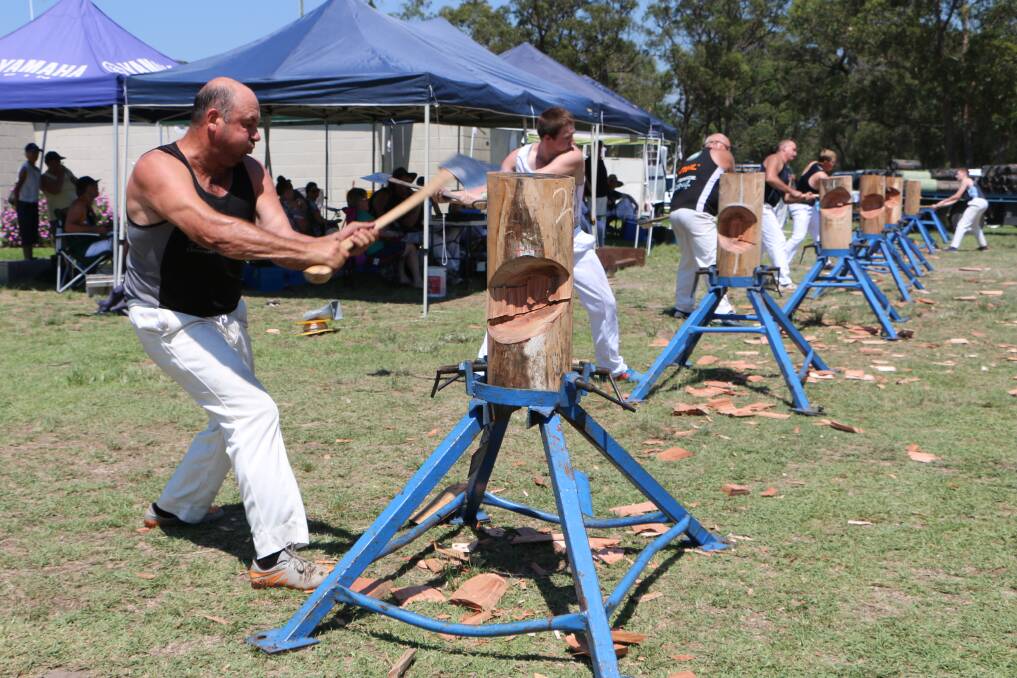 CHIPS FLY: Wood choppers in action at Morisset Showground on Sunday. High temperatures kept the daytime crowds down over the weekend. Picture: David Stewart