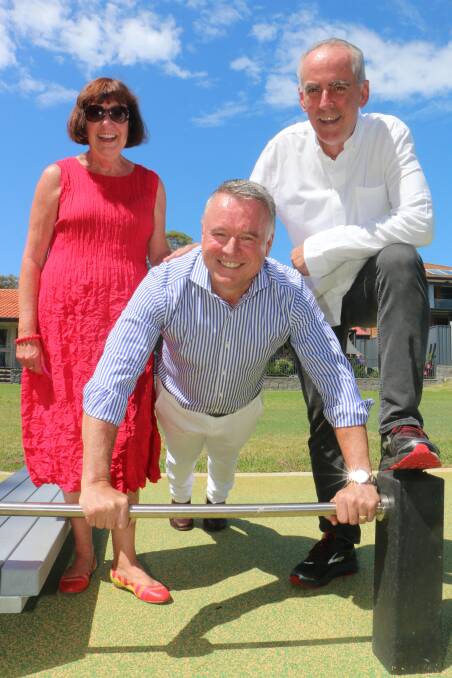 Hunter MP Joel Fitzgibbon with mayor Kay Fraser and state member for Lake Macquarie, Greg Piper, at the opening of the Wangi Wangi Fitness Trail in 2018. Outdoor exercise stations are now off limits. Picture: David Stewart 