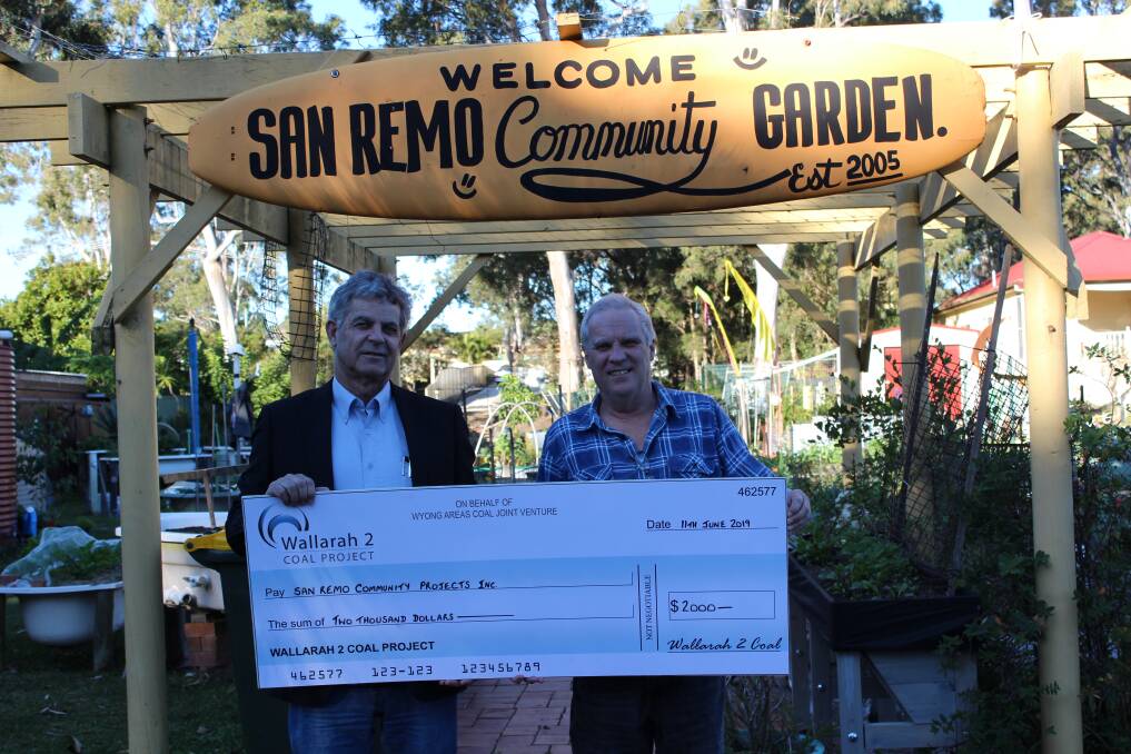 BOUNCE BACK: Wallarah 2's Peter Smith, left, with John Carpenter at San Remo Community Garden. Picture: Supplied