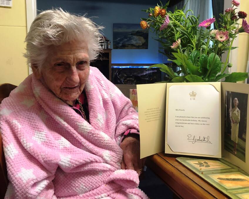 BIRTHDAY MESSAGE: Freda Priestly with her letter from Queen Elizabeth. Ms Priestly will turn 100 on Saturday. Picture: Supplied