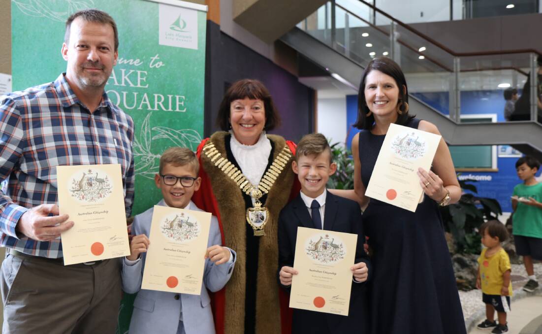 IT'S OFFICIAL: Bronwen, Gary, Brayden and Cohen Bamberger (originally from South Africa and the United Kingdom) with mayor Kay Fraser. Picture: Supplied