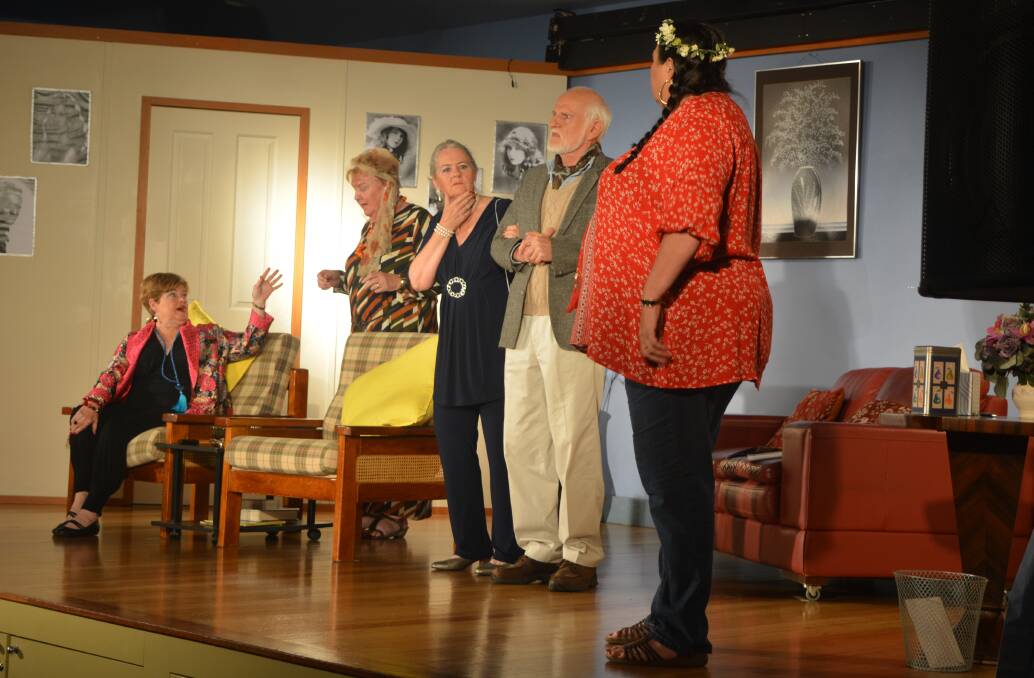 ON STAGE: From left, Susan Randall, Helen Kerr, Sue Feighan, Hagen Heinrich and Jenny Markwell in a scene from 'Happy Birthday Me'. Picture: Supplied