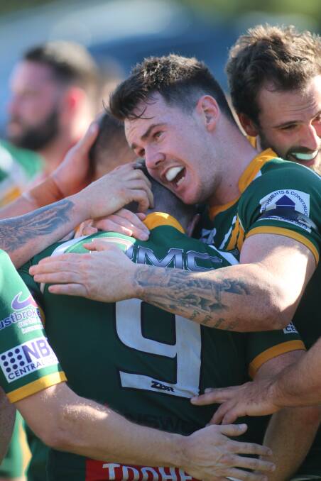 FOUR MORE: Wyong centre Luke Dolbel and team-mates celebrate captain Mitch Williams' try. Wyong will travel to take on Erina this Sunday. Picture: David Stewart