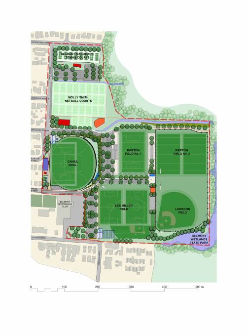 LAYOUT: A diagram outlines the design for the new sporting precinct at Belmont around Cahill Oval. Artwork: Supplied