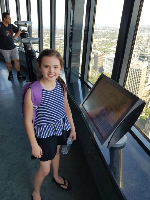 Ella and her dad Aaron enjoyed a fun day in the city after the spelling bee final. Picture: Supplied