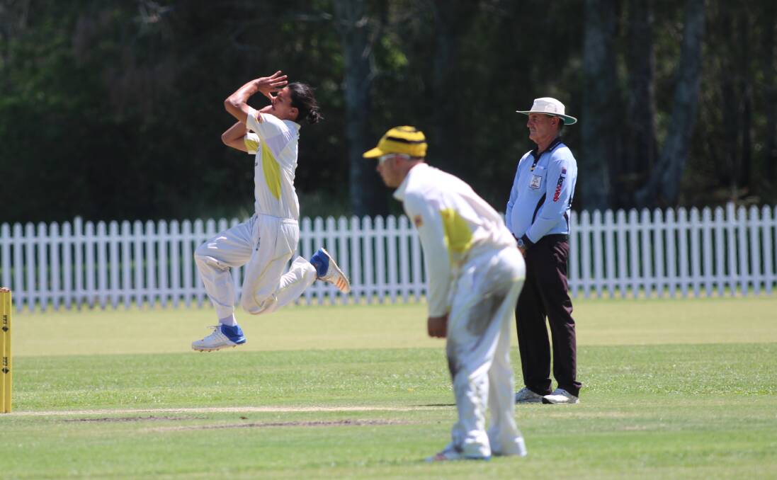 LAUNCH: Toronto's Griffin Lea leaps into his work against Merewether at Ron Hill Oval. He claimed 2-43 on Satruday. Picture: David Stewart