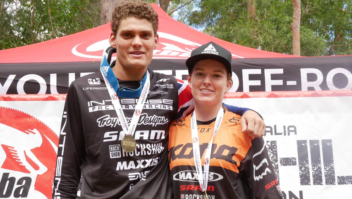 ELITE PAIR: Jack Moir and Tegan Molloy pictured after their wins at Awaba Mountain Bike Park, in Cooranbong. The MTBA National Championships start on March 2. Picture: Supplied