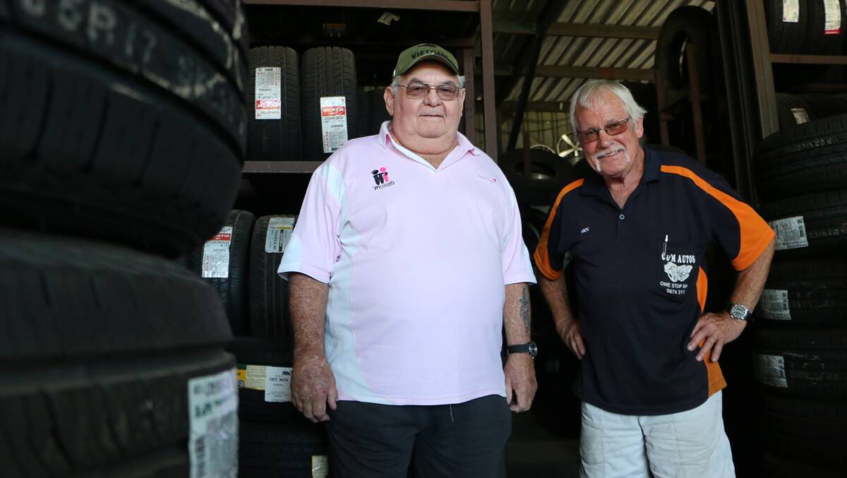 GOOD FIT: Neville Heaton, left, has sold his Toronto West Tyre Centre to Mick Linnane. The pair just clicked the moment they met. Picture: David Stewart