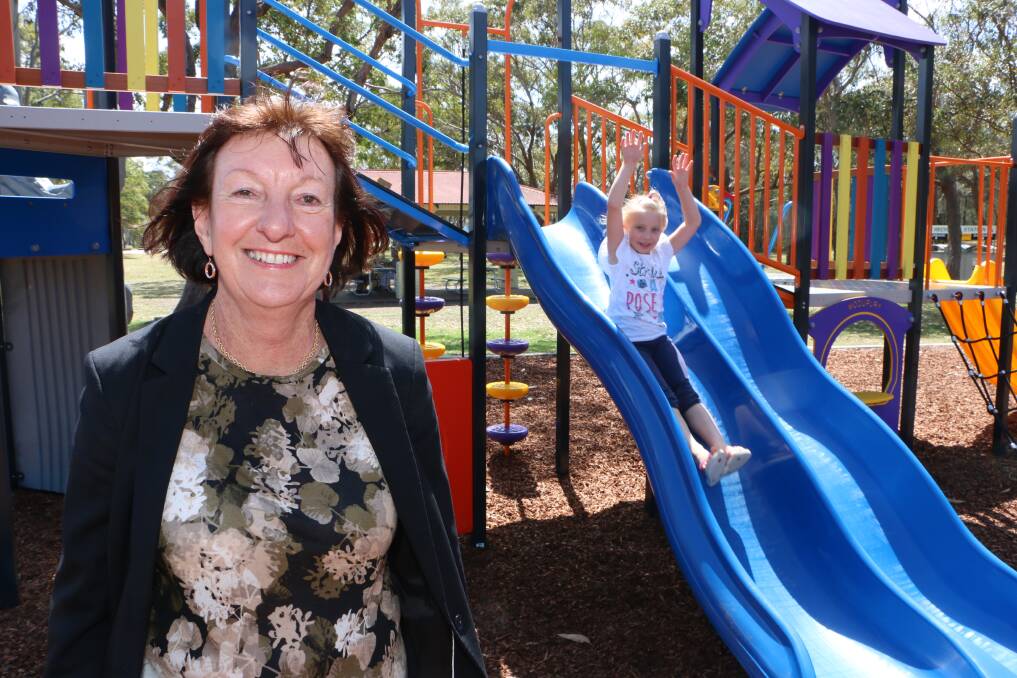 SHUT DOWN: Mayor Kay Fraser at Rathmines Park playground in 2017. The council this week closed its 110 playgrounds in response to the COVID-19 threat. Picture: David Stewart.