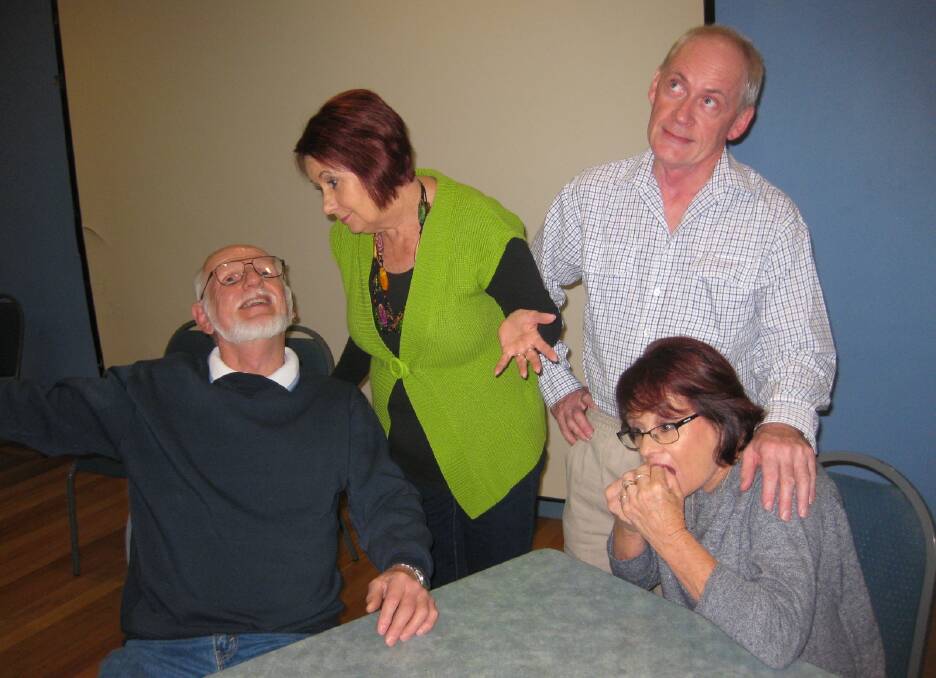 LAUGH IT UP: Catalina Players cast members in rehearsal for their two one-act plays to be performed on Saturday nights at Wangi Workers Club from August 4. Picture: Supplied