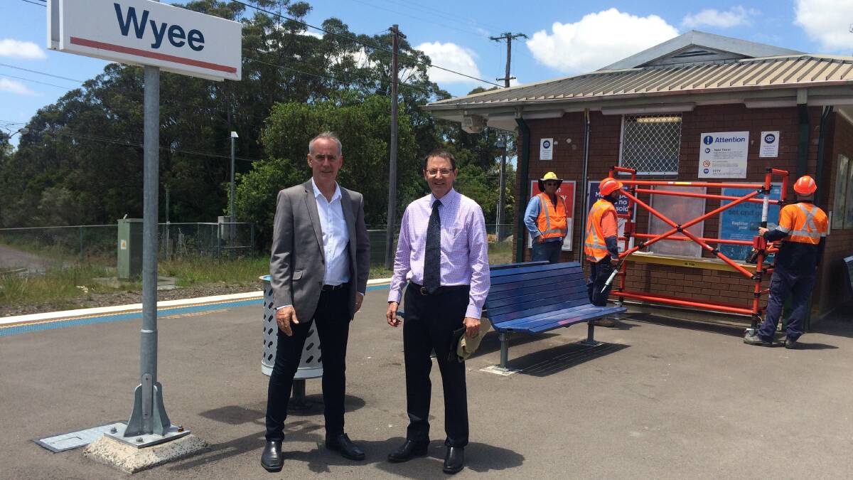 ON TRACK: Greg Piper, left, joined Scot MacDonald for the start of works on Wyee station this week. The work is due for completion by June. Picture: Supplied