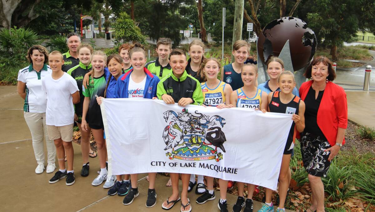 READY TO GO: Team Lake Mac athletes and support staff with mayor Kay Fraser. Picture: Supplied