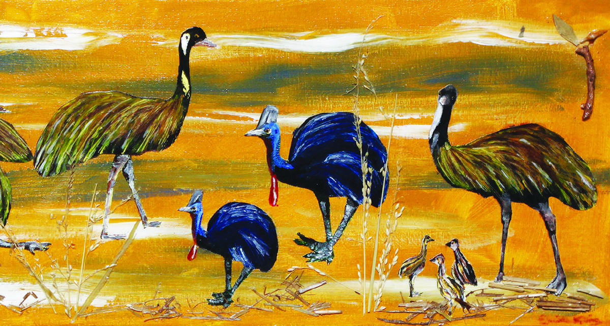 WALKABOUT: Enid King's painting of emus and cassowaries is on the January 2017 page of the calendar. Picture: Supplied
