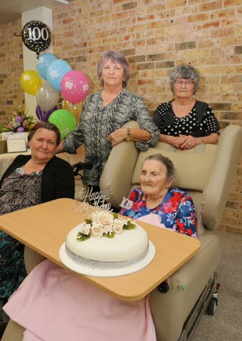 OCCASION: Dorothy Brown celebrated her 100th birthday today at Toronto Nursing Home. She is pictured with her daughters, from left, Marie, Maureen and Margaret. Picture: David Stewart
