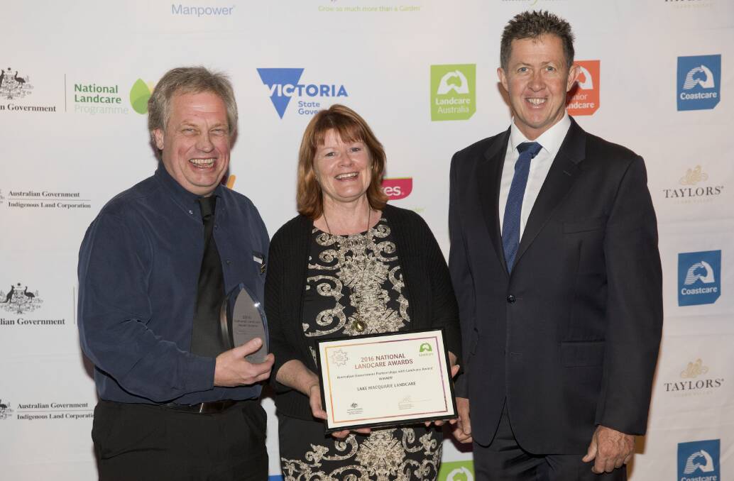 WINNERS: Lake Macquarie Landcare's  Carmel Brown and Jason Harvey, left, with the Assistant Minister to the Deputy Prime Minister, Luke Hartsuyker, at the awards in Melbourne. Picture: Supplied