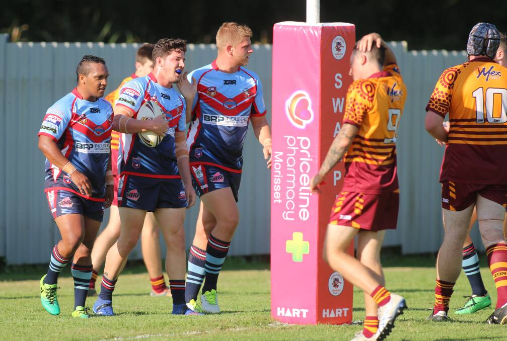 ANOTHER TRY: Israel Smith, with ball, has impressed the coach with his transition to fullback for Dora Creek in season 2019. Picture: David Stewart