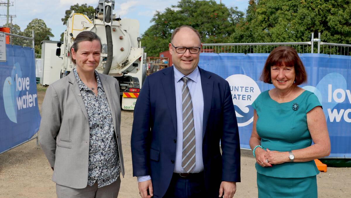 ON SITE: Council's Morven Cameron, Hunter Water's Jim Bentley, and mayor Kay Fraser on Macquarie Street, Morisset, on Monday morning. Picture: Supplied