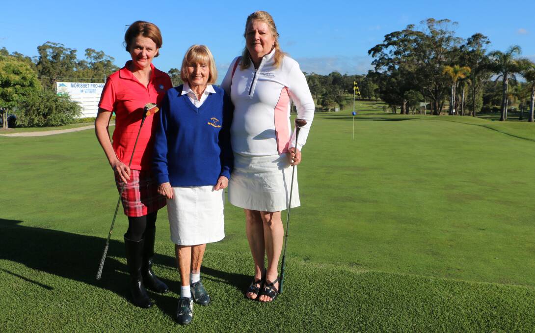 Beryl Mullard, centre, with her daughters Louise Mullard, left, and Marion Baldwin, pictured on the golf course last year during celebrations to commemorate 50 years of women's golf at Morisset. Picture: David Stewart