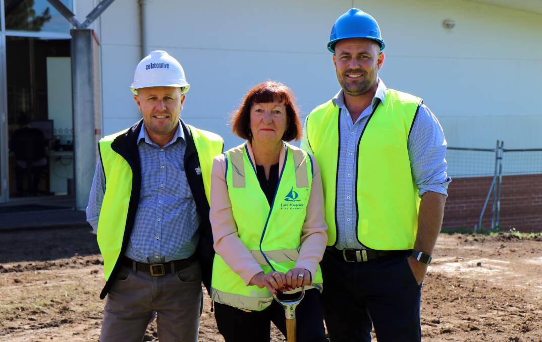 STARTING WORK: Mayor Kay Fraser with project manager Adam Gleeson, left, and construction manager Adam Bailey at the art gallery this morning. Picture: Supplied